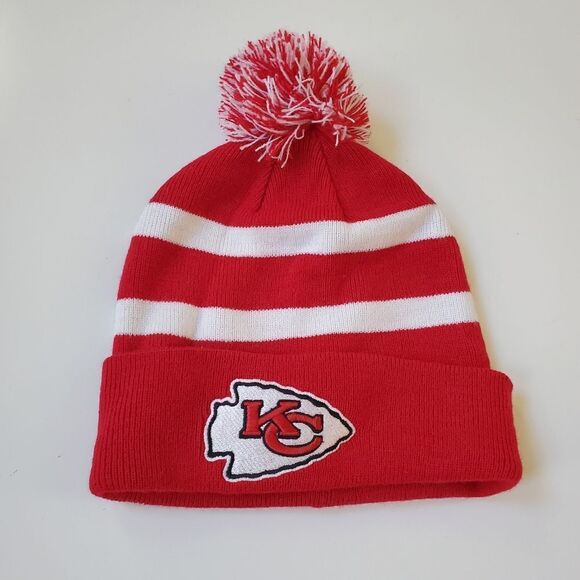 KANSAS CITY CHIEFS NFL RED WHITE EMBROIDERED LOGO STRIPED SNOW WINTER HAT - Picture 1 of 4